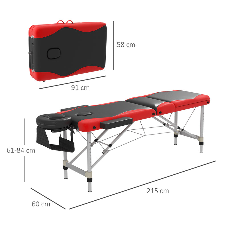 Portable 3 Section Aluminium Massage Table With Headrest and Carry Bag For Salons, Black and Red