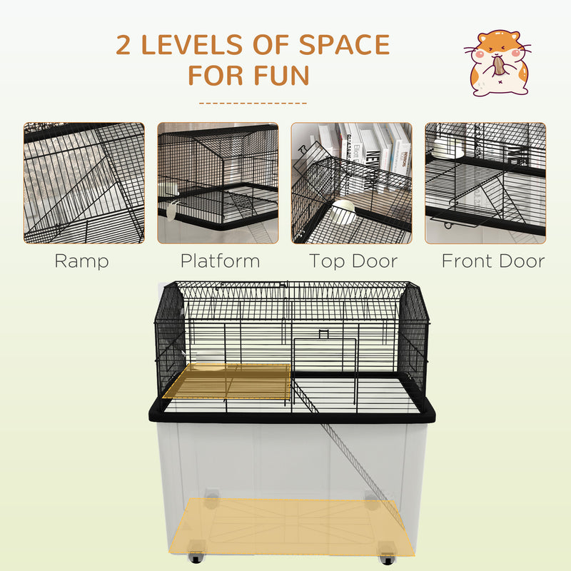 Two Tier Hamster Cage with Wheels Deep Base and Accessories for Small Pets, Grey