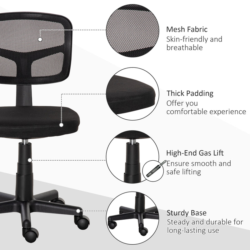 Ergonomic Swivel Mesh Office Chair Without Arms Height Adjustable With Wheels, Black
