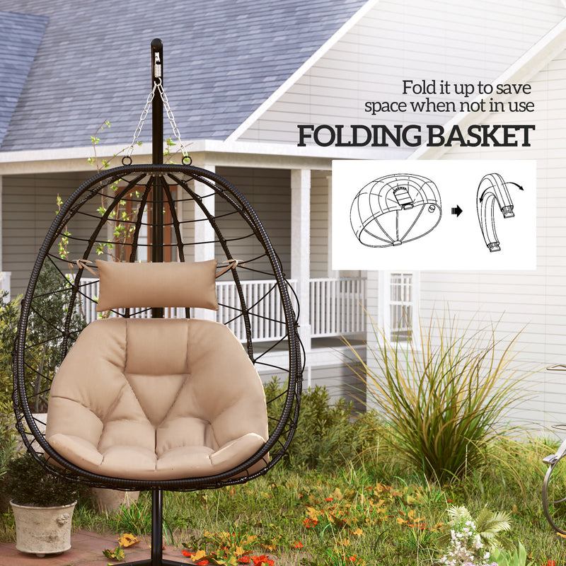 Hanging Egg Chair with Stand Thick Cushion and Headrest for Garden Patio Balcony Khaki by Outsunny