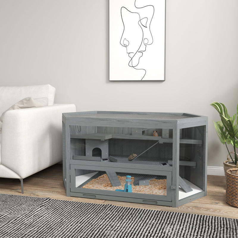 Grey 3 Tier Wooden Hamster Cage with Sliding Tray Seesaws and Water Bottle by PawHut