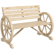 Rustic Wooden Garden Loveseat Bench With Wagon Wheel Armrests by Outsunny