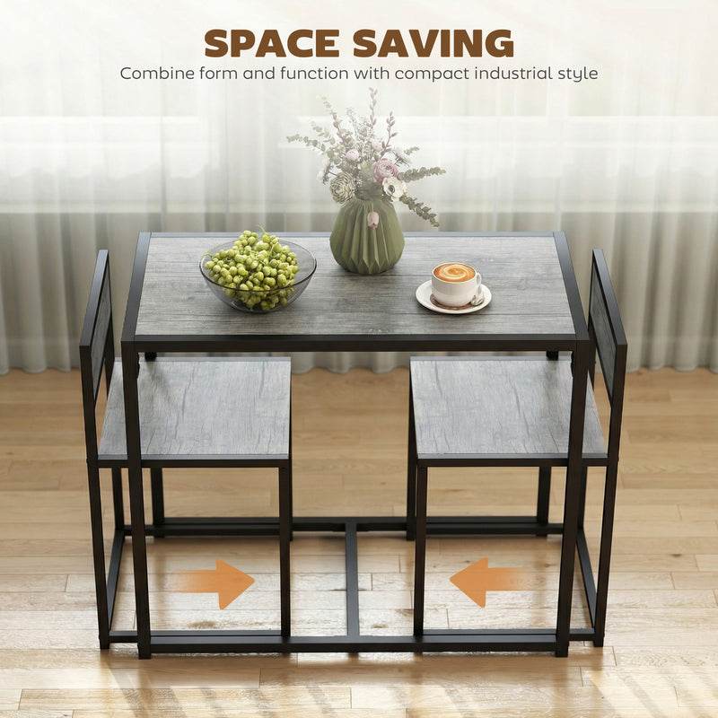 3 Piece Dining Table and Stool Set With Wood Effect Finish for Small Spaces, Charcoal Grey, 90L x 47W x 76H cm