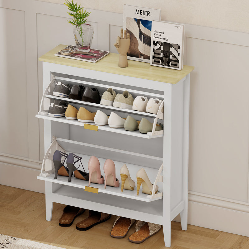Shoe Storage Cabinet for Narrow Hallways with 2 Flip Drawers and Adjustable Shelves White Oak 80 x 24 x 95.5 cm Homcom