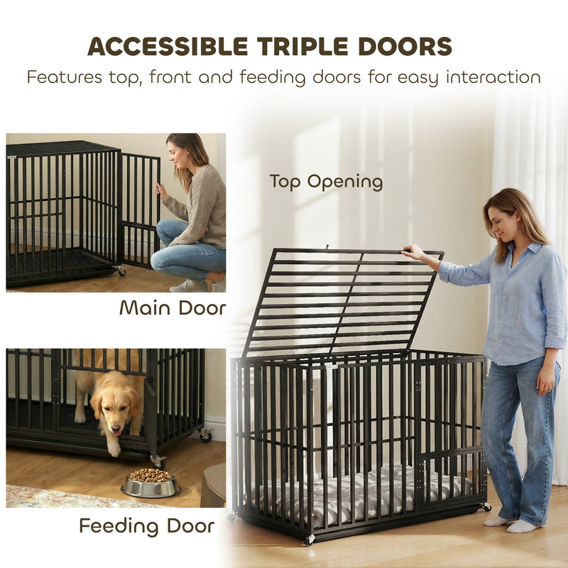 Heavy Duty Steel Dog Crate with Wheels and Removable Tray for Secure Home Use Black AOSOM