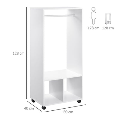 White Open Wardrobe On Wheels With Hanging Rail And Shelves For Bedroom Or Hallway