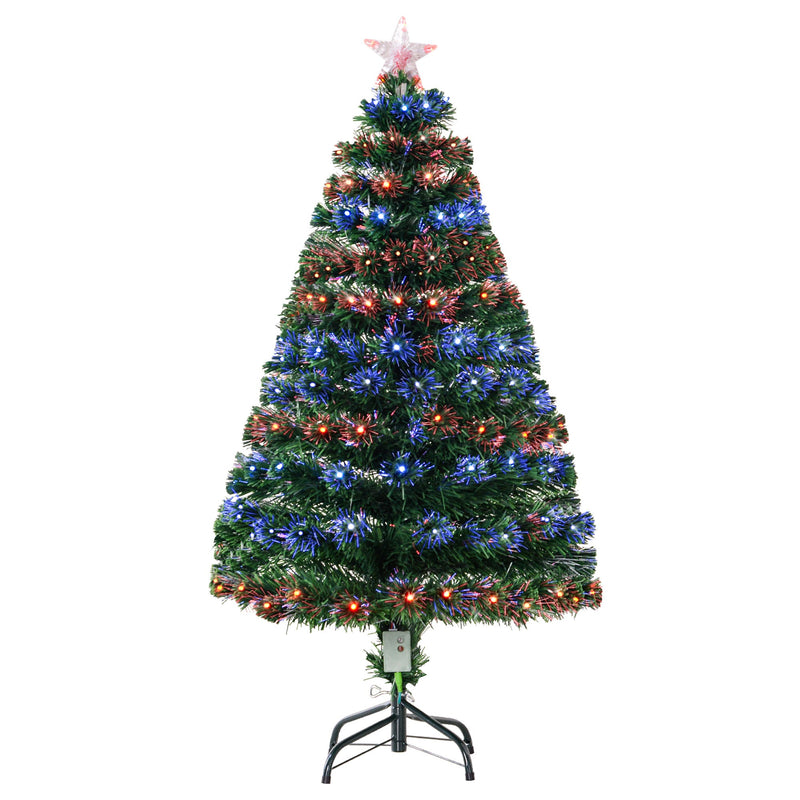 Front view of the 4ft green tree with multicolour fibre optic and LED lights on a black metal stand