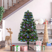 Lit fibre optic Christmas tree by a staircase with a reindeer and wrapped gifts