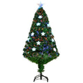 Front view of the green fibre optic Christmas tree with star lights on a black metal stand