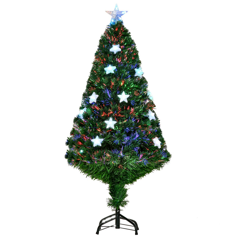 Front view of the green fibre optic Christmas tree with star lights on a black metal stand