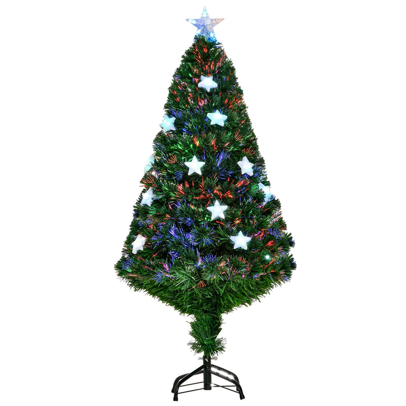 Studio view of the 4ft green fibre optic tree with star lights on a black metal stand