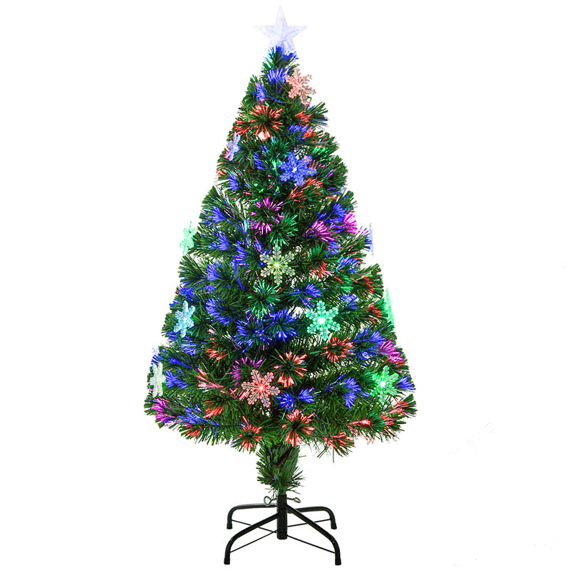 Front view of the 4ft green fibre optic tree with LED snowflakes and star on a black metal stand