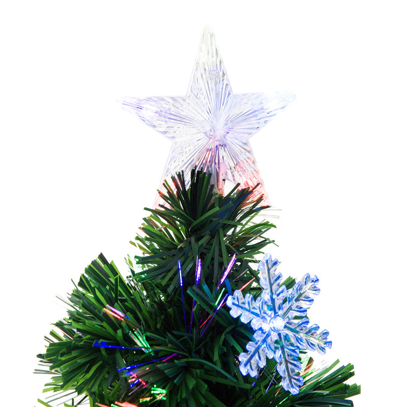 Close-up of the star tree topper and a blue LED snowflake