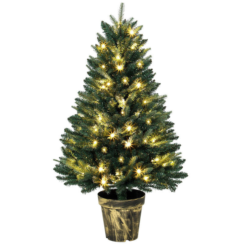 4ft pre-lit artificial Christmas tree with warm white LEDs in a black and gold pot base on a white background