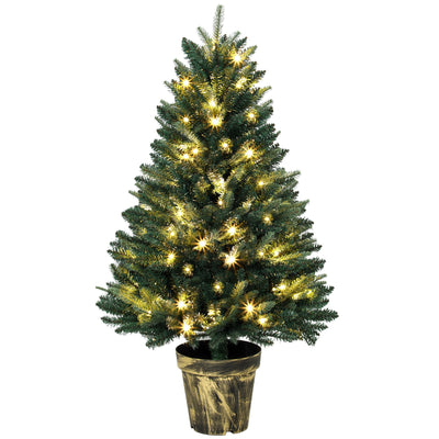 4ft pre-lit artificial Christmas tree with warm white LEDs in a black and gold pot base on a white background