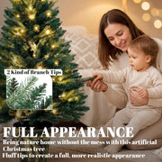 Mother and toddler touching the branch tips, with a close-up of the 2 kinds of branch tips