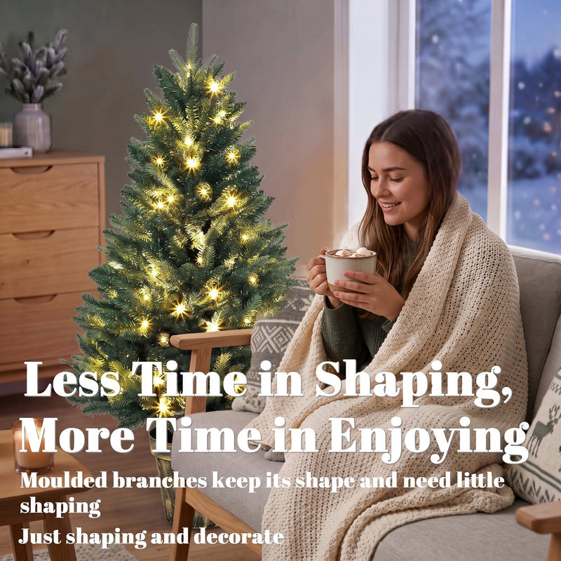 Woman with a hot drink beside the lit tree, with text about moulded branches needing little shaping