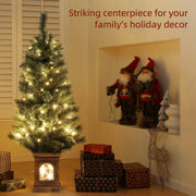 Glowing warm white Christmas tree next to a shelf of Santa figures