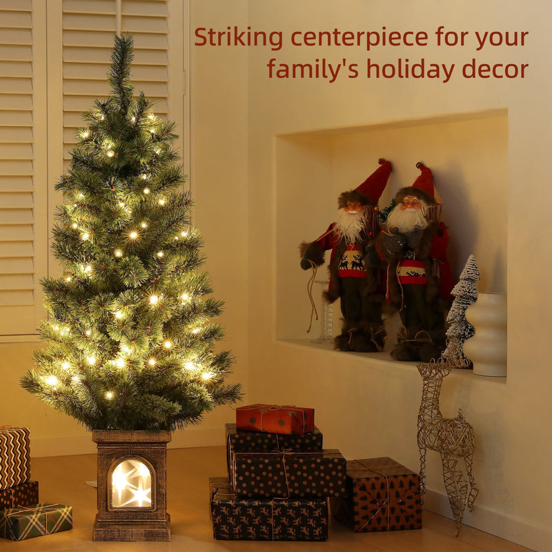 Glowing warm white Christmas tree next to a shelf of Santa figures