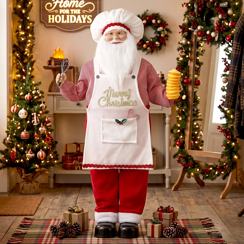 Chef Santa figure in a festive room with a wreath and gifts