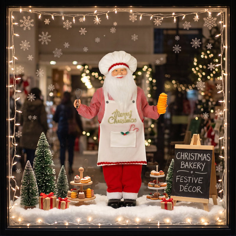 Chef Santa figure in a bakery-style window with a Christmas Bakery sign