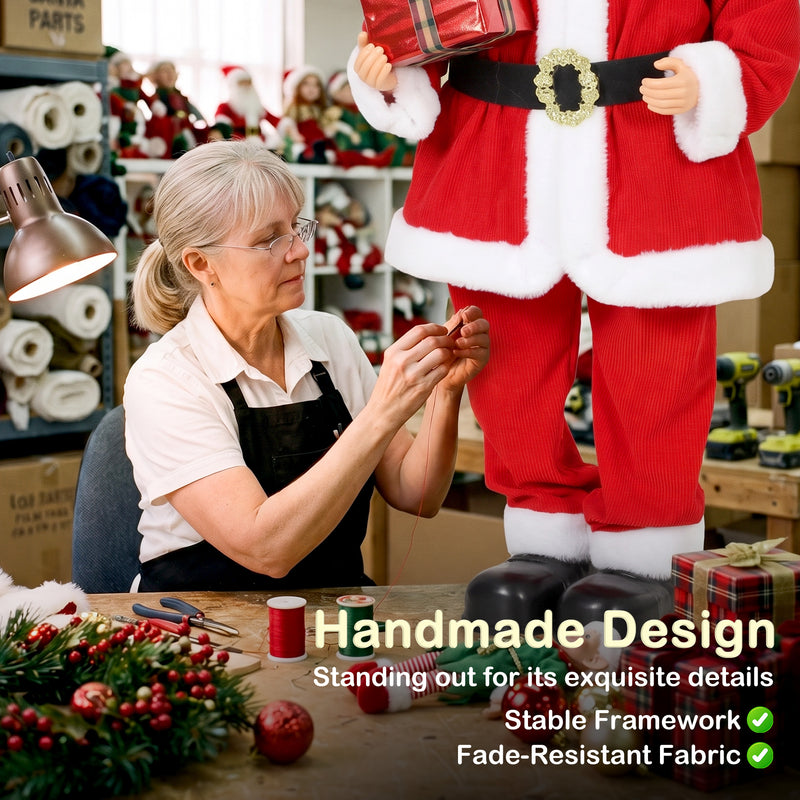 Craftsperson stitching a Santa suit beside a Handmade Design caption
