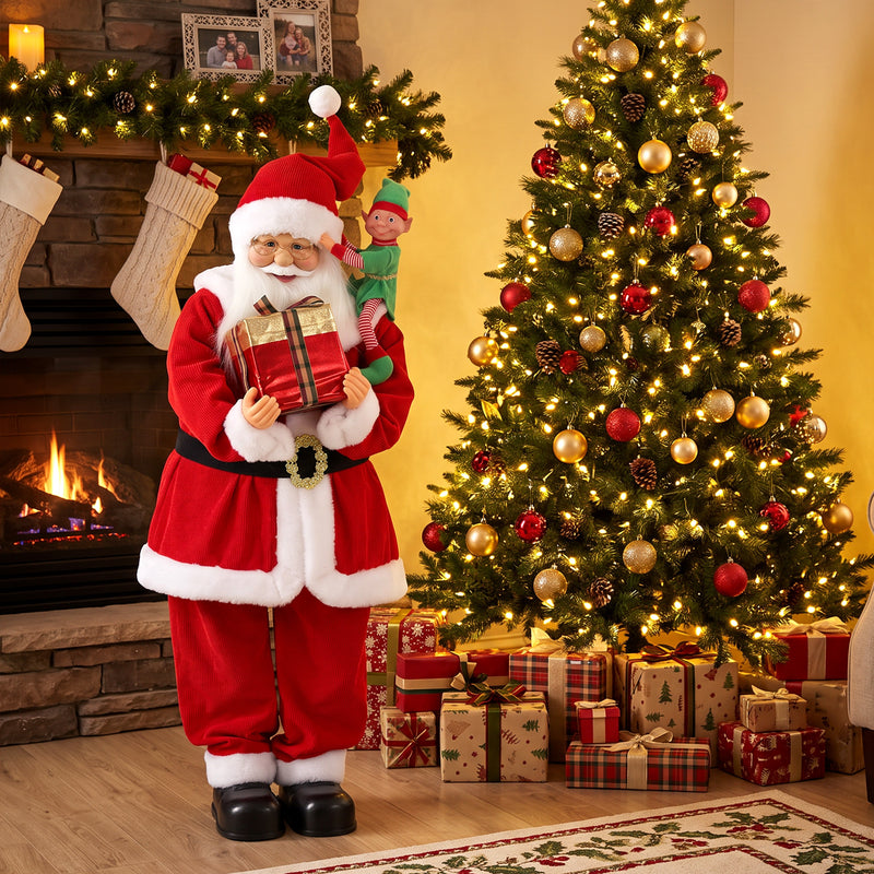 Santa figure beside a fireplace and decorated Christmas tree with gifts