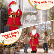 Two children playing near the singing Santa figure in a festive living room