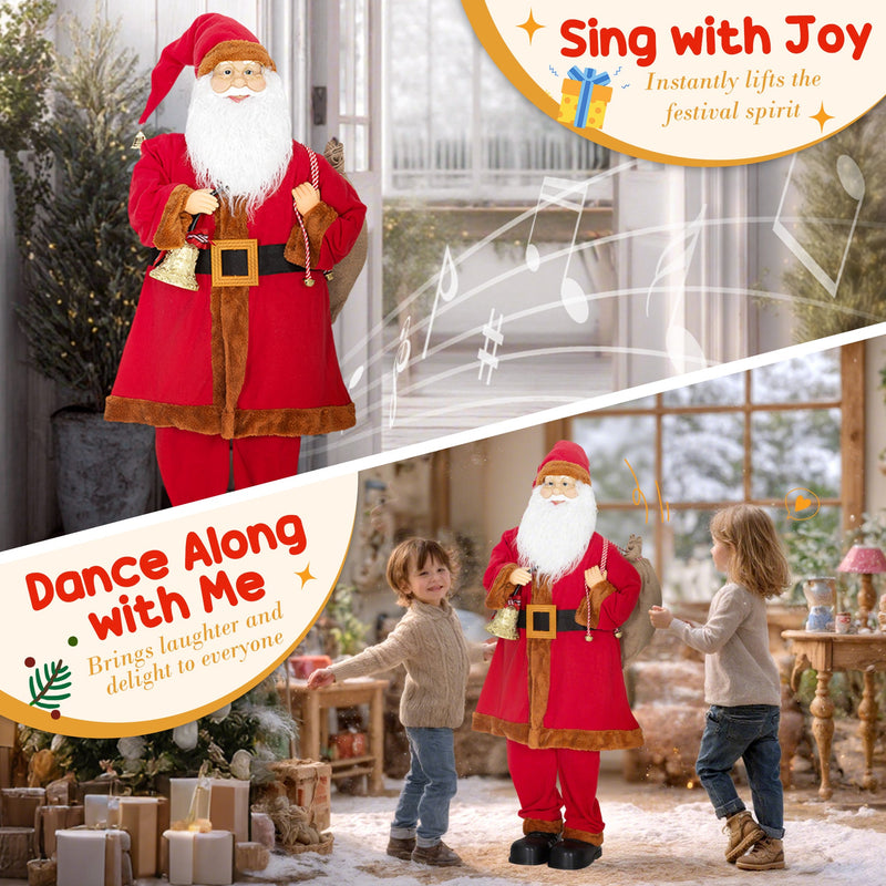 Two children playing near the singing Santa figure in a festive living room