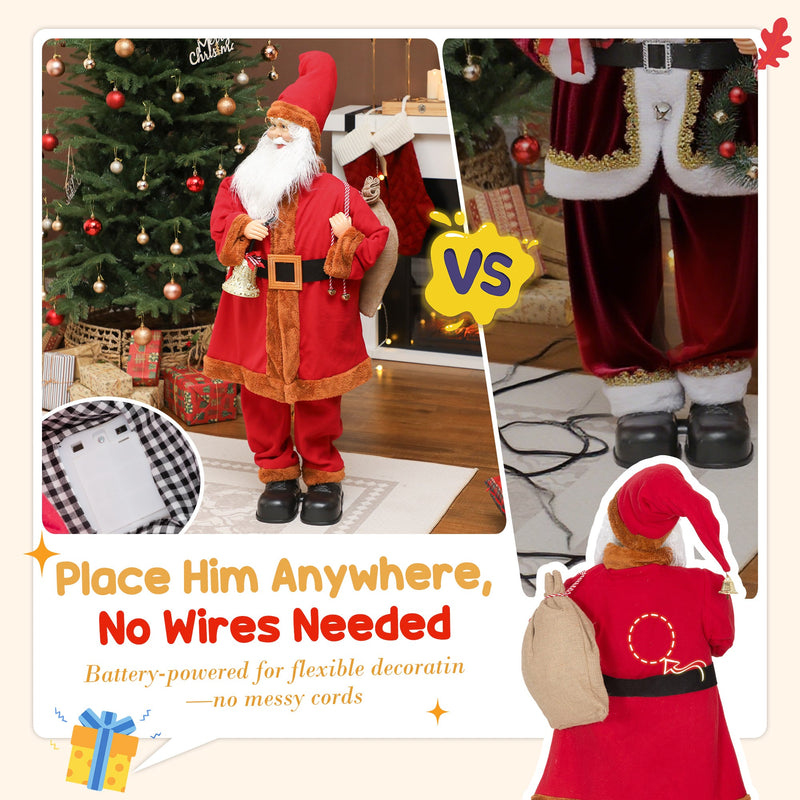 Battery compartment and cord-free placement callout beside the Santa figure near a Christmas tree