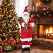 Santa Claus figure beside a Christmas tree and lit fireplace