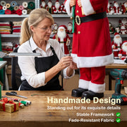 Craftsperson stitching a Santa suit beside a Handmade Design caption
