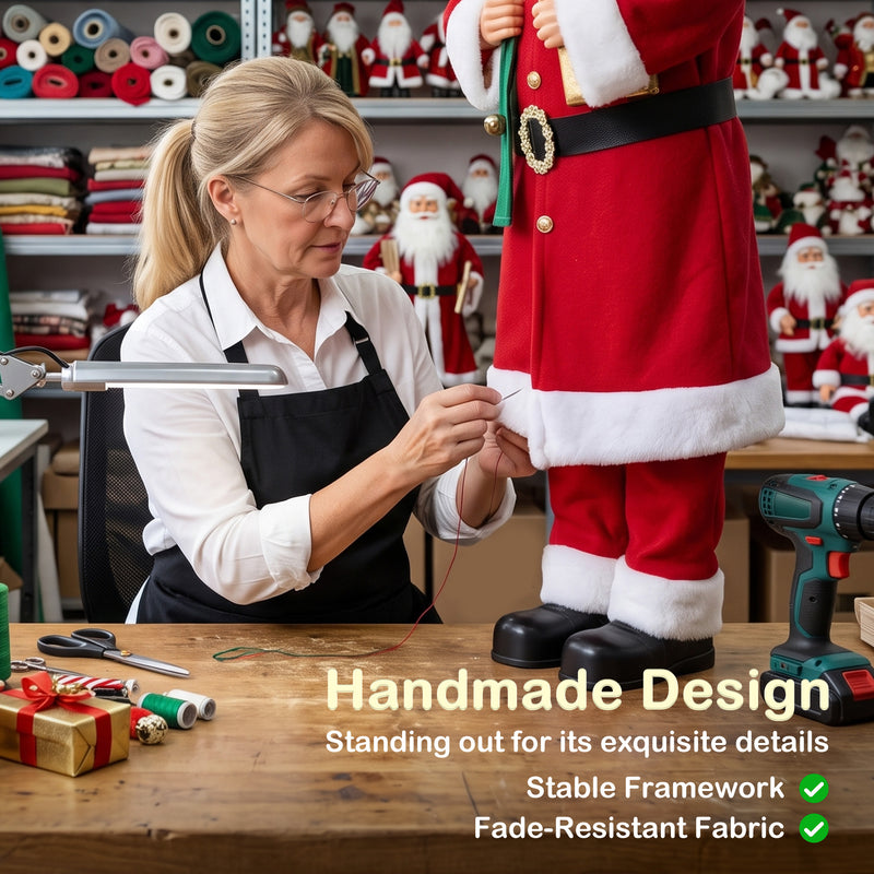 Craftsperson stitching a Santa suit beside a Handmade Design caption