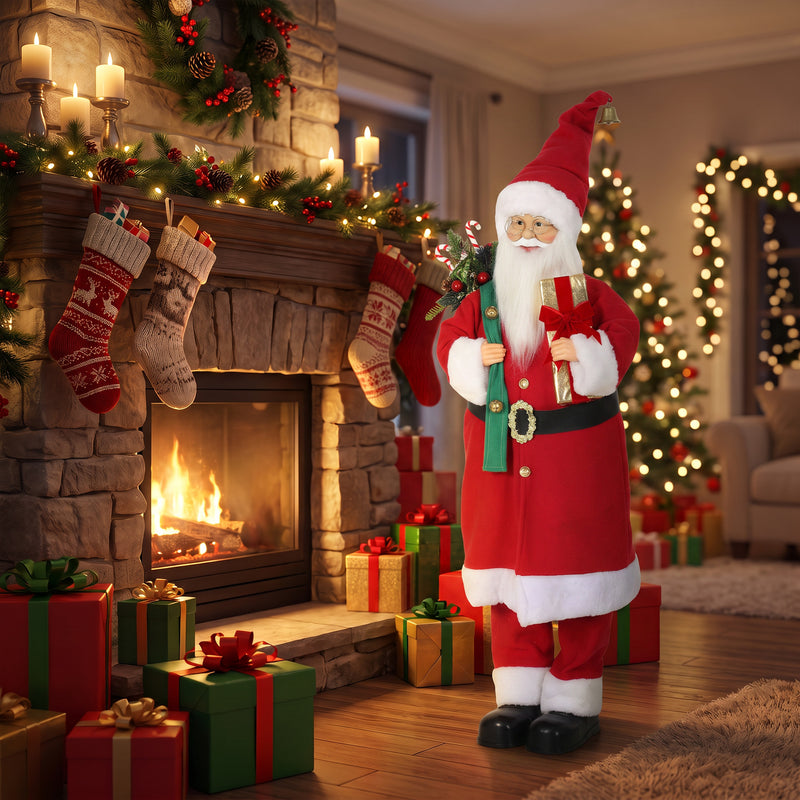 Santa figure beside a fireplace with hanging stockings
