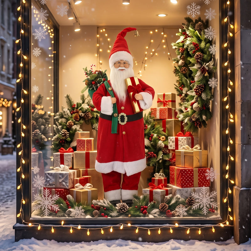 Santa figure in a festive shop window display with gifts