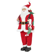 Red Santa Claus figure with green gift sack and hanging elf on a white background