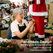 Craftsperson stitching a Santa suit beside a Handmade Design caption
