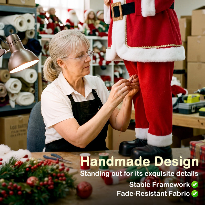 Craftsperson stitching a Santa suit beside a Handmade Design caption