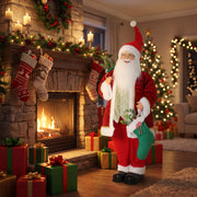 Santa Claus figure beside a fireplace with stockings and gifts