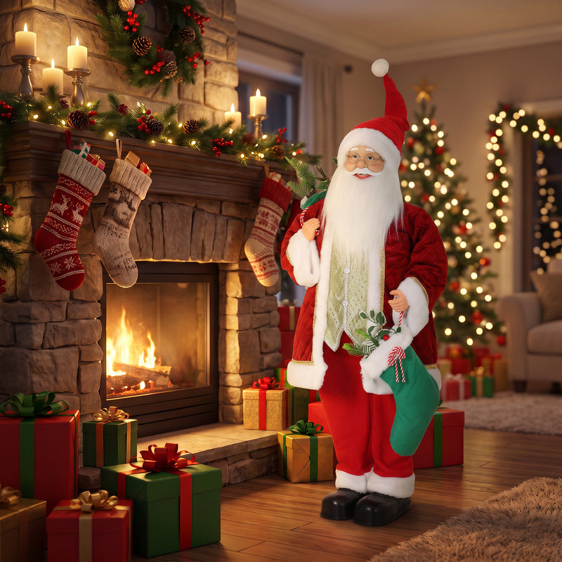 Santa Claus figure beside a fireplace with stockings and gifts