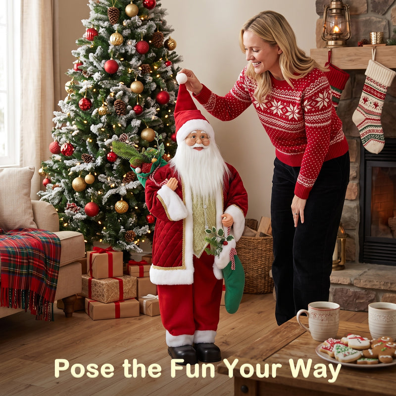 Woman adjusting Santa's hat beside a Pose the Fun Your Way caption
