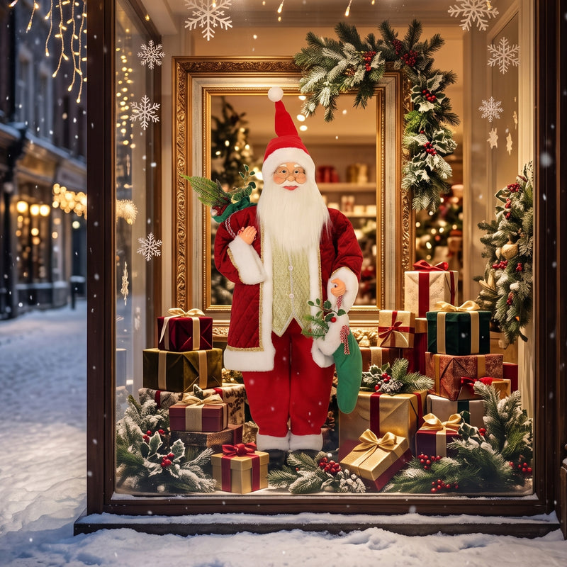 Santa figure in a snowy shop window with gifts and greenery