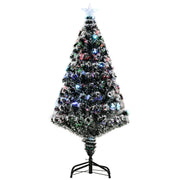 Front view of the 4ft snow-dipped green and white tree on a black metal stand