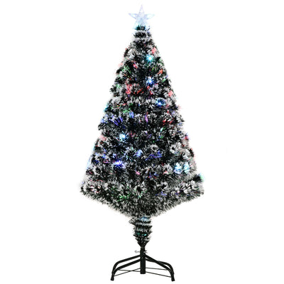 Front view of the 4ft snow-dipped green and white tree on a black metal stand