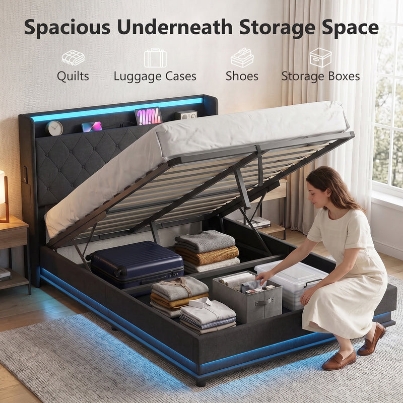 Woman packing a suitcase and clothes into the double bed's under-bed storage