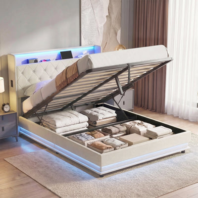 Double ottoman storage bed with lid open showing folded clothes and bedding underneath