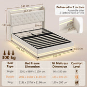 Dimensions diagram of the double ottoman bed frame, 205 x 142 x 113 cm, 300 kg capacity, with a size comparison table