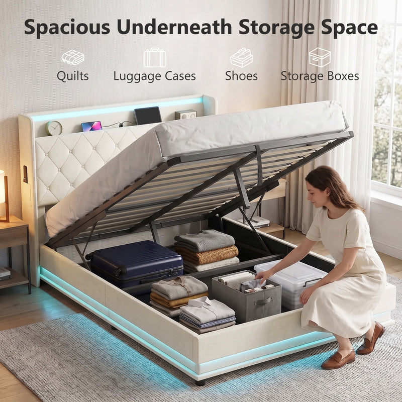 Underneath storage space holding a suitcase and folded clothing
