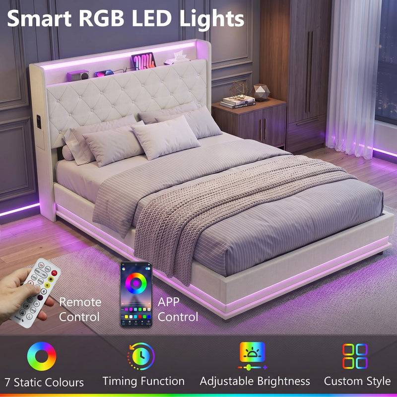 Double bed frame with smart RGB LED lighting, controlled by app or remote