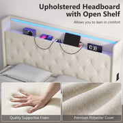 Upholstered headboard with open shelf, supportive foam and polyester cover